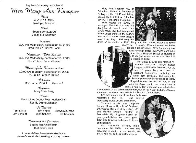 Mary Ann Kuepper Funeral Program 